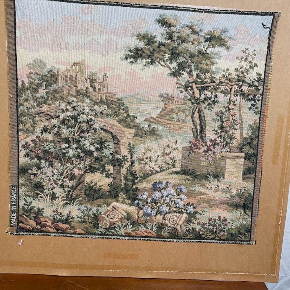 Vintage French Aubusson Jacquard Tapestry 1980s Pastels Garden Scene Goblys